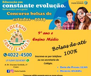 Colégio Forte Castelo promove Concurso de Bolsas de Estudo 2019