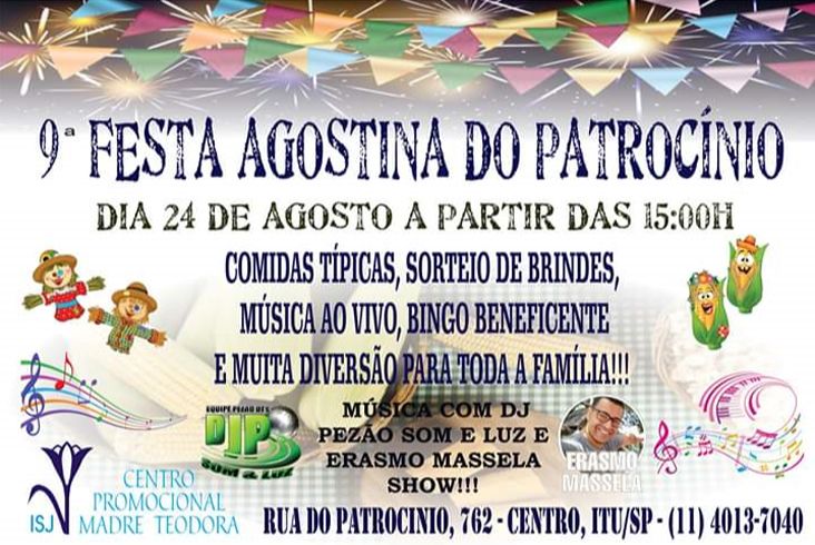 9ª Festa Agostina do Patrocínio acontece nesse sábado